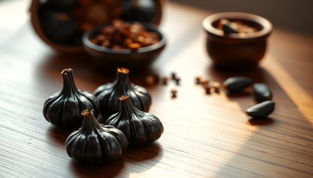 A beautifully lit still life scene of black garlic cloves arranged on a wooden table. The garlic cloves are glistening with a deep, rich color, arranged in a visually appealing composition. In the background, subtle hints of traditional Chinese medicinal herbs and spices emerge, hinting at the ancient healing properties of black garlic. Soft, warm lighting from the side illuminates the texture and form of the garlic, creating a serene, contemplative atmosphere. The scene is captured with a shallow depth of field, focusing the viewer's attention on the central black garlic cloves. An elegant, minimalist presentation that celebrates the natural beauty and medicinal significance of this unique ingredient. A beautifully lit still life scene of black garlic cloves arranged on a wooden table. The garlic cloves are glistening with a deep, rich color, arranged in a visually appealing composition. In the background, subtle hints of traditional Chinese medicinal herbs and spices emerge, hinting at the ancient healing properties of black garlic. Soft, warm lighting from the side illuminates the texture and form of the garlic, creating a serene, contemplative atmosphere. The scene is captured with a shallow depth of field, focusing the viewer's attention on the central black garlic cloves. An elegant, minimalist presentation that celebrates the natural beauty and medicinal significance of this unique ingredient.
