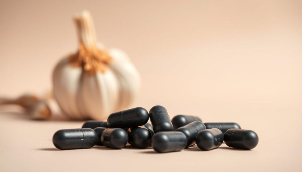 A close-up, high-resolution photograph of several black garlic supplements in a stylish arrangement. The supplements are displayed against a clean, minimal background with gentle, even lighting that emphasizes their matte, charcoal-like appearance. The capsules and tablets are carefully positioned to create a visually appealing and harmonious composition. The image conveys a sense of premium quality, health, and natural wellness, reflecting the sophisticated and beneficial nature of black garlic supplements. The depth of field is moderate, allowing the main subject to be in sharp focus while the background remains softly blurred. A close-up, high-resolution photograph of several black garlic supplements in a stylish arrangement. The supplements are displayed against a clean, minimal background with gentle, even lighting that emphasizes their matte, charcoal-like appearance. The capsules and tablets are carefully positioned to create a visually appealing and harmonious composition. The image conveys a sense of premium quality, health, and natural wellness, reflecting the sophisticated and beneficial nature of black garlic supplements. The depth of field is moderate, allowing the main subject to be in sharp focus while the background remains softly blurred.