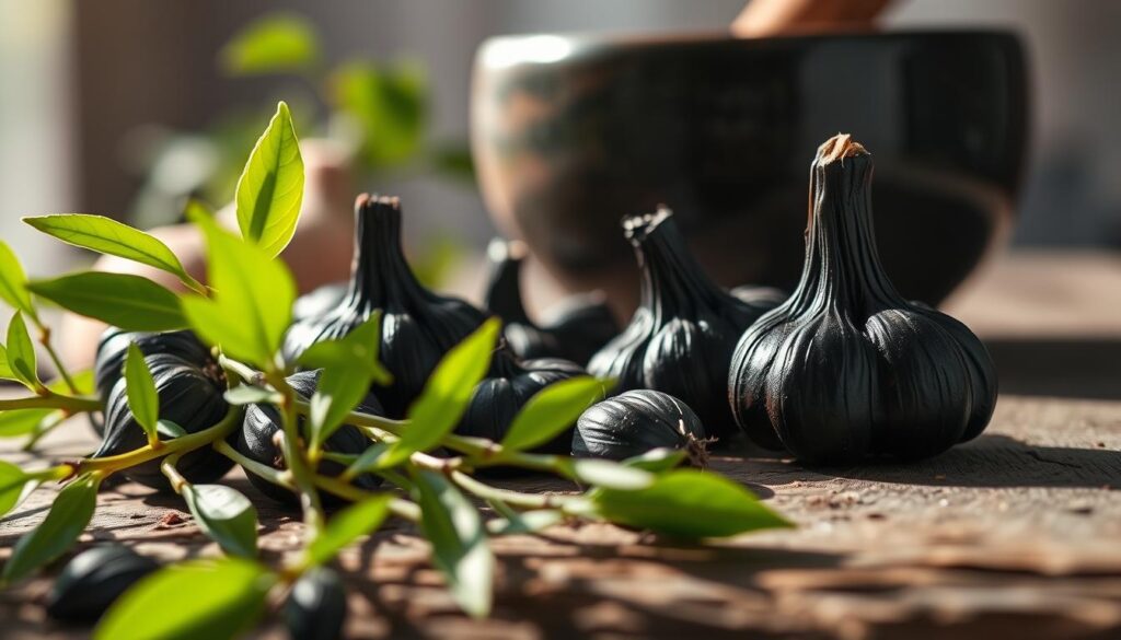 A close-up shot of black garlic cloves resting on a rustic wooden surface, with a burst of vibrant green leaves and stems in the foreground, casting a soft, natural light. In the background, a hazy, blurred silhouette of a mortar and pestle, suggesting the process of grinding and transforming the garlic. The overall mood is one of tranquility, highlighting the potent anti-inflammatory properties of this unique culinary ingredient. A close-up shot of black garlic cloves resting on a rustic wooden surface, with a burst of vibrant green leaves and stems in the foreground, casting a soft, natural light. In the background, a hazy, blurred silhouette of a mortar and pestle, suggesting the process of grinding and transforming the garlic. The overall mood is one of tranquility, highlighting the potent anti-inflammatory properties of this unique culinary ingredient.