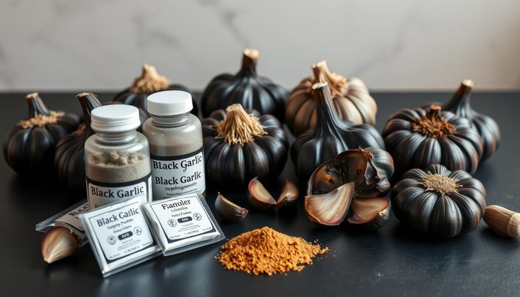 A pristine display of premium black garlic products, artfully arranged on a sleek, dark-colored surface. The garlic bulbs gleam with a rich, caramelized sheen, their intricate patterns and deep hues accentuated by soft, natural lighting from above. In the foreground, a selection of neatly packaged black garlic supplements and powders, their labels showcasing the quality and authenticity of the ingredients. In the middle ground, a collection of whole black garlic bulbs, some sliced to reveal their tender, umami-rich interiors. The background is a subtly-blurred, minimalist setting, allowing the focus to remain on the exceptional black garlic products, their unique properties and health benefits. A pristine display of premium black garlic products, artfully arranged on a sleek, dark-colored surface. The garlic bulbs gleam with a rich, caramelized sheen, their intricate patterns and deep hues accentuated by soft, natural lighting from above. In the foreground, a selection of neatly packaged black garlic supplements and powders, their labels showcasing the quality and authenticity of the ingredients. In the middle ground, a collection of whole black garlic bulbs, some sliced to reveal their tender, umami-rich interiors. The background is a subtly-blurred, minimalist setting, allowing the focus to remain on the exceptional black garlic products, their unique properties and health benefits.