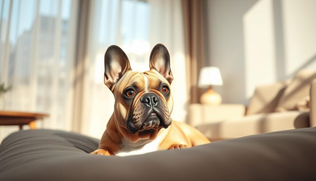A French Bulldog lounging in a cozy, sun-drenched living room. The dog's compact, muscular body and wrinkled, bat-like ears are captured in sharp detail, its warm brown eyes gazing out with an alert, inquisitive expression. The foreground is bathed in soft, diffused natural light filtering through lace curtains, while the middle ground features a plush sofa and mid-century modern decor, creating a sense of urban sophistication. The background subtly blurs into a clean, minimal wall, allowing the dog to be the central focus. The overall scene conveys the French Bulldog's adaptability to city life, its loyal and affectionate nature, and its role as a beloved, indoor companion. A French Bulldog lounging in a cozy, sun-drenched living room. The dog's compact, muscular body and wrinkled, bat-like ears are captured in sharp detail, its warm brown eyes gazing out with an alert, inquisitive expression. The foreground is bathed in soft, diffused natural light filtering through lace curtains, while the middle ground features a plush sofa and mid-century modern decor, creating a sense of urban sophistication. The background subtly blurs into a clean, minimal wall, allowing the dog to be the central focus. The overall scene conveys the French Bulldog's adaptability to city life, its loyal and affectionate nature, and its role as a beloved, indoor companion.