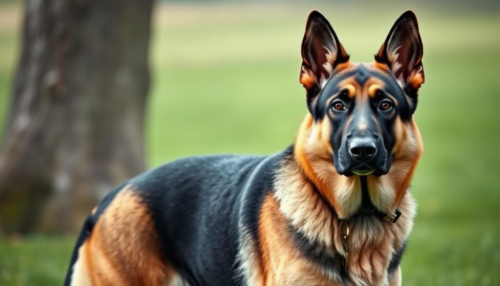 A German Shepherd standing tall and proud, its muscular frame and alert posture capturing the essence of a loyal and intelligent working companion. The dog's deep brown eyes gaze intently, conveying a keen sense of awareness and devotion. Its distinctive black and tan fur coat gleams in the soft, diffused lighting, hinting at the breed's legendary strength and resilience. The background is a peaceful, natural setting, with a lush green meadow stretching out behind the dog, suggesting the breed's affinity for the great outdoors. The overall composition evokes a sense of harmony and balance, perfectly encapsulating the German Shepherd's role as a trusted and versatile companion. A German Shepherd standing tall and proud, its muscular frame and alert posture capturing the essence of a loyal and intelligent working companion. The dog's deep brown eyes gaze intently, conveying a keen sense of awareness and devotion. Its distinctive black and tan fur coat gleams in the soft, diffused lighting, hinting at the breed's legendary strength and resilience. The background is a peaceful, natural setting, with a lush green meadow stretching out behind the dog, suggesting the breed's affinity for the great outdoors. The overall composition evokes a sense of harmony and balance, perfectly encapsulating the German Shepherd's role as a trusted and versatile companion.