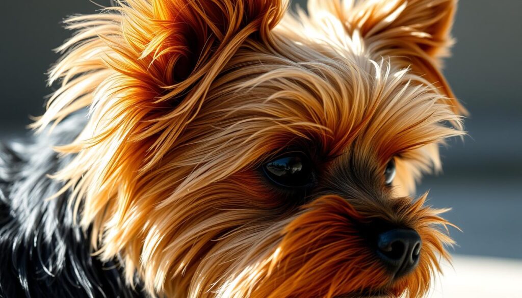 A close-up, high-resolution portrait of a Yorkshire Terrier with a lush, silky coat of rich golden and black hues. The dog's head is angled slightly to the side, revealing an alert, intelligent expression with large, dark eyes and perky, pointed ears. Soft, natural lighting from the side casts gentle shadows, highlighting the breed's delicate, diminutive features. The background is blurred, placing the focus entirely on the captivating gaze and charming personality of this tiny, yet spirited canine companion. A close-up, high-resolution portrait of a Yorkshire Terrier with a lush, silky coat of rich golden and black hues. The dog's head is angled slightly to the side, revealing an alert, intelligent expression with large, dark eyes and perky, pointed ears. Soft, natural lighting from the side casts gentle shadows, highlighting the breed's delicate, diminutive features. The background is blurred, placing the focus entirely on the captivating gaze and charming personality of this tiny, yet spirited canine companion.