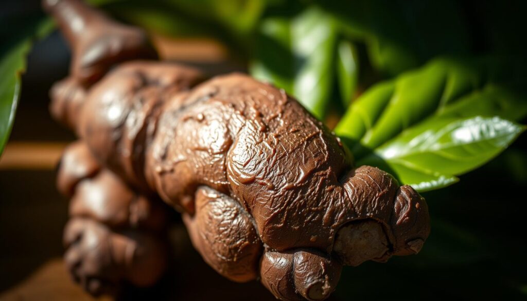A close-up of a delicate black ginger root, its rhizome glistening with moisture, nestled amidst lush green leaves. The lighting is soft and natural, casting gentle shadows that accentuate the intricate texture and deep color. The composition places the ginger as the focal point, with a blurred, sensual background suggesting an intimate, romantic setting. The image conveys a sense of wholesome vitality and subtle sensuality, hinting at the root's purported aphrodisiac properties. a delicate black ginger root