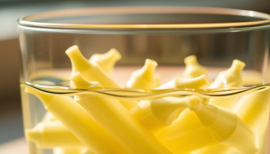 A close-up shot of fresh, plump okra pods submerged in a clear glass of water, illuminated by warm, diffused natural light. The water gently ripples, revealing the translucent, pale green stems and leaves of the okra. The scene exudes a sense of purity and hydration, hinting at the skin-nourishing benefits of okra water. The focus is sharp on the okra, while the background is softly blurred, creating a serene, minimalist composition that emphasizes the key subject. The overall mood is calming, clean, and inviting, capturing the essence of "Okra Water and Skin Health". A close-up shot of fresh, plump okra pods submerged in a clear glass of water, illuminated by warm, diffused natural light