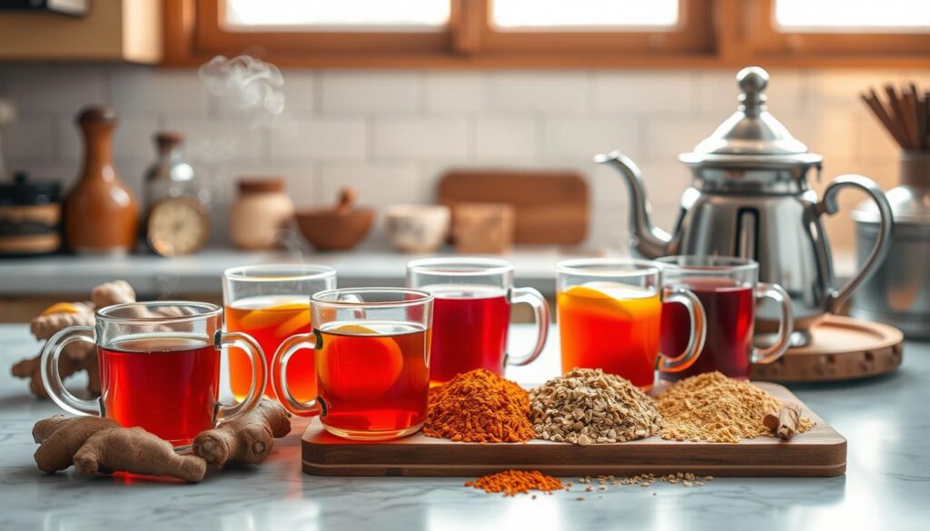 A cozy kitchen counter showcasing an assortment of ginger tea varieties. In the foreground, several glass mugs filled with steaming infusions in hues of amber, honey, and ruby red. Surrounded by fresh ginger root, lemon slices, and a vintage teapot. In the middle ground, a wooden board presents different dried ginger blends, including turmeric, cinnamon, and lemongrass. The background features a soft, natural light filtering through a window, casting a warm, inviting glow over the scene. The overall composition conveys the soothing and nourishing qualities of the different types of ginger teas. An assortment of ginger tea varieties