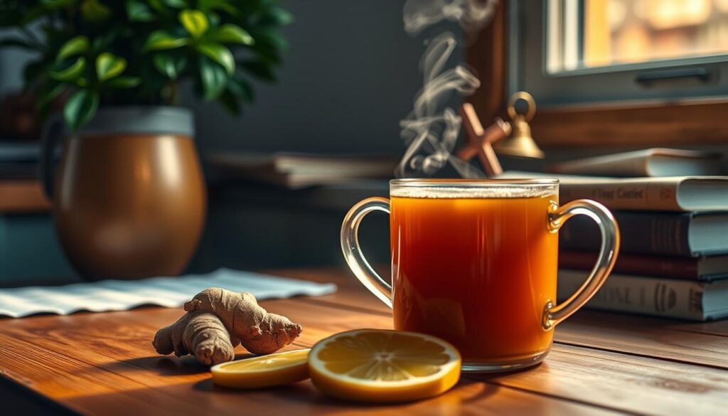 A cozy kitchen setting with a steaming mug of ginger tea on a wooden table. Warm lighting from a nearby window illuminates the scene, casting a gentle glow on the delicate ginger slices and fresh lemon wedges accompanying the tea. In the background, a lush potted plant and a stack of books add a touch of natural elegance. The overall atmosphere evokes a sense of comfort, wellness, and the soothing benefits of this aromatic beverage. A steaming mug of ginger tea on a wooden table