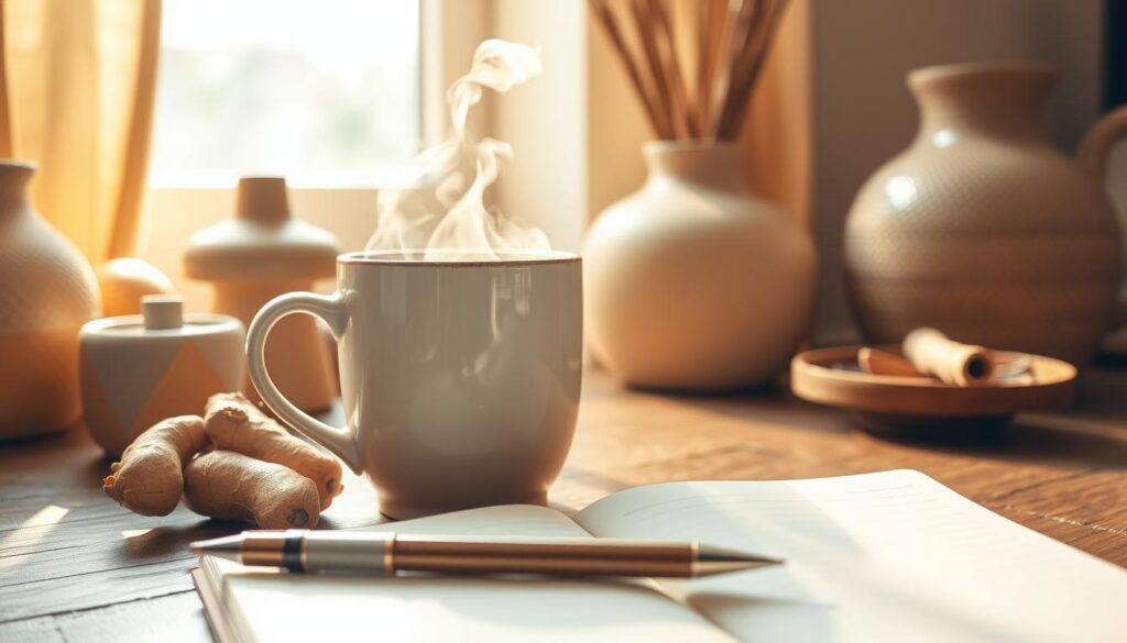 A cozy scene of a steaming mug of ginger tea set against a backdrop of soothing earth-toned decor. The tea, infused with vibrant ginger slices, sits on a wooden table, its fragrant steam curling upwards. Sunlight filters in through a nearby window, casting a warm glow and creating a sense of tranquility. In the foreground, a notebook and pen lie open, suggesting a moment of contemplation and self-reflection. The overall atmosphere evokes a feeling of mindfulness and the comforting power of a simple, healthy beverage to support mental well-being. A cozy scene of a steaming mug of ginger tea