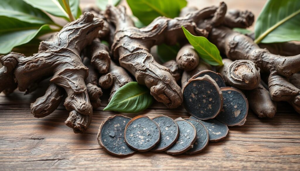 A delicate arrangement of black ginger roots, leaves, and sliced pieces, meticulously placed on a rustic wooden surface. The roots have a deep, earthy hue, their gnarled textures contrasting with the vibrant green leaves. Soft, diffused natural lighting highlights the intricate patterns and shadows, creating a serene, almost meditative atmosphere. In the foreground, several thin slices of black ginger reveal their distinctive dark purple-black color and slightly speckled appearance. The overall composition conveys the natural beauty and potency of this versatile root, inviting the viewer to explore its culinary and medicinal applications. Black ginger roots, leaves, and sliced pieces