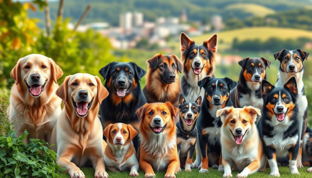 A detailed, dynamic composition capturing the top 10 dog breeds. In the foreground, a vibrant arrangement of various dog breeds, each with distinct features and personalities - a friendly golden retriever, a playful labrador, a regal German shepherd, an energetic border collie, and more. The middle ground showcases the dogs in natural, relaxed poses, surrounded by lush greenery and soft, warm lighting that accentuates their fur textures. In the background, a blurred cityscape or pastoral landscape provides a subtle, complementary setting. The overall image conveys a sense of harmony, diversity, and the endearing qualities that make these breeds beloved companions. A detailed, dynamic composition capturing the top 10 dog breeds. In the foreground, a vibrant arrangement of various dog breeds, each with distinct features and personalities - a friendly golden retriever, a playful labrador, a regal German shepherd, an energetic border collie, and more. The middle ground showcases the dogs in natural, relaxed poses, surrounded by lush greenery and soft, warm lighting that accentuates their fur textures. In the background, a blurred cityscape or pastoral landscape provides a subtle, complementary setting. The overall image conveys a sense of harmony, diversity, and the endearing qualities that make these breeds beloved companions.