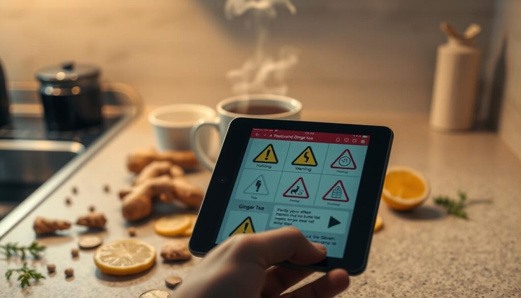 A dimly lit countertop, with a steaming mug of ginger tea at the center. Surrounding the mug are scattered ginger root slices, lemon wedges, and a few medicinal herbs. The lighting is warm and soft, creating a sense of tranquility. In the foreground, a person's hand holds a tablet or smartphone, with various warning symbols and cautionary information about the potential side effects of ginger tea displayed on the screen. The background is blurred, suggesting a sense of concern and contemplation. The overall mood is pensive, encouraging the viewer to consider the balance between the benefits and risks of consuming ginger tea. Potential Side Effects of Ginger Tea