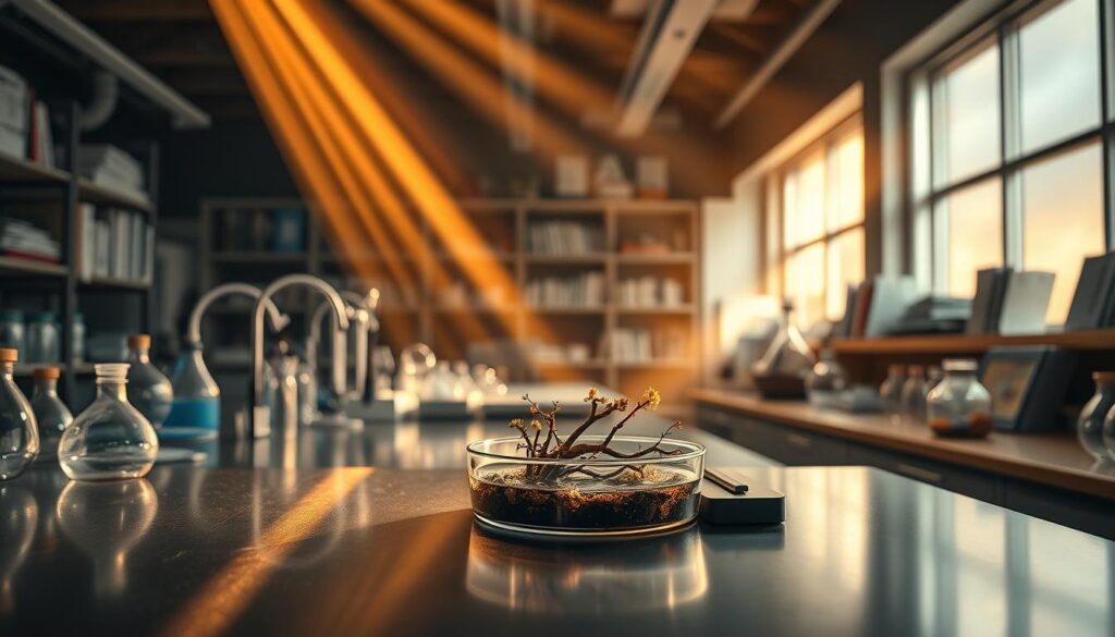 A dimly lit research laboratory, filled with an array of scientific instruments and glassware. In the foreground, a petri dish sits atop a sleek, stainless steel workbench, containing a vibrant, rhizome-like specimen of black ginger. Beams of warm, golden light filtered through the windows cast a soft glow across the scene, creating a pensive, contemplative atmosphere. In the background, shelves of reference books and medical journals line the walls, hinting at the depth of knowledge and study surrounding this remarkable plant. The overall composition conveys a sense of scientific inquiry and the pursuit of understanding the unique properties and potential applications of black ginger. Research and Studies on Black Ginger