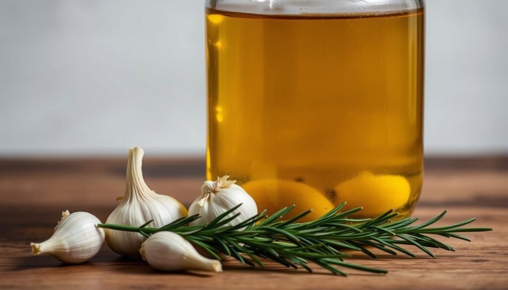 A glass jar filled with rich, golden garlic-infused oil, resting on a wooden surface. Soft, diffused lighting illuminates the translucent liquid, casting subtle shadows. In the foreground, several fresh garlic cloves and sprigs of fragrant herbs, such as rosemary or thyme, are arranged artfully. The background features a simple, minimalist setting, allowing the jar and its contents to be the focal point. The overall scene conveys a sense of culinary simplicity, quality, and homemade charm. A glass jar filled with rich, golden garlic-infused oil