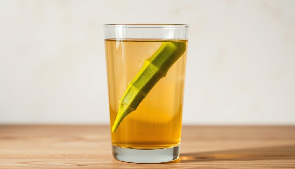 A glass of clear, amber-hued liquid with a vibrant green okra pod floating gracefully within, set against a soft, diffused natural light. The glass is positioned on a wooden tabletop, with a minimalist, earthy backdrop that emphasizes the purity and simplicity of the drink. The composition captures the essence of okra water's benefits - its hydrating, nutrient-rich qualities and its ability to provide a refreshing, naturally-flavored alternative to plain water. A glass of clear, amber-hued liquid with a vibrant green okra pod floating gracefully within, set against a soft, diffused natural light