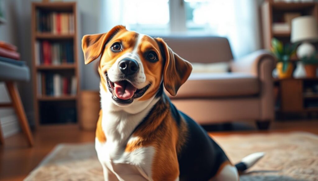 A happy, alert Beagle sitting in a cozy home setting, with soft, warm lighting illuminating its friendly face and expressive eyes. The Beagle's tricolor coat is meticulously detailed, its floppy ears perked up, and its tail wagging playfully. The foreground focuses on the Beagle, while the middle ground features a plush armchair and a bookshelf in the background, creating a sense of domestic comfort. The atmosphere is one of cheerfulness and tranquility, capturing the essence of the "Cheerful Scent Hound" as described in the article. A happy, alert Beagle sitting in a cozy home setting, with soft, warm lighting illuminating its friendly face and expressive eyes. The Beagle's tricolor coat is meticulously detailed, its floppy ears perked up, and its tail wagging playfully. The foreground focuses on the Beagle, while the middle ground features a plush armchair and a bookshelf in the background, creating a sense of domestic comfort. The atmosphere is one of cheerfulness and tranquility, capturing the essence of the "Cheerful Scent Hound" as described in the article.