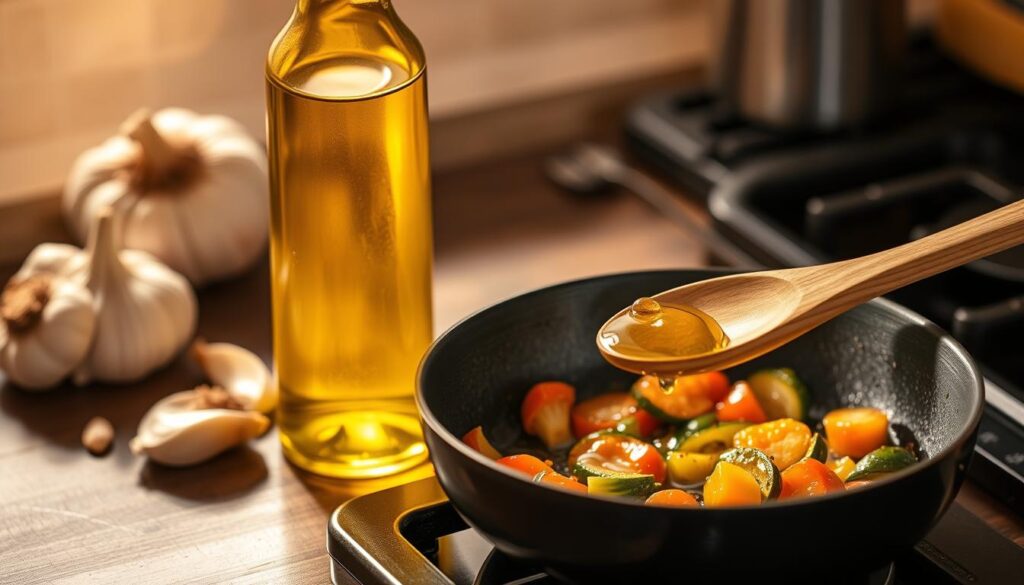 A kitchen counter with fresh garlic cloves, a glass bottle of golden garlic-infused oil, and a wooden spoon drizzling the oil over a pan sizzling with sautéed vegetables. Warm, soft lighting illuminates the scene, casting gentle shadows and highlighting the rich hues of the ingredients. The composition emphasizes the ease and versatility of using garlic oil, inviting the viewer to imagine the aromatic, flavorful cooking experience. A kitchen counter with fresh garlic cloves, a glass bottle of golden garlic-infused oil, and a wooden spoon drizzling the oil over a pan sizzling with sautéed vegetables