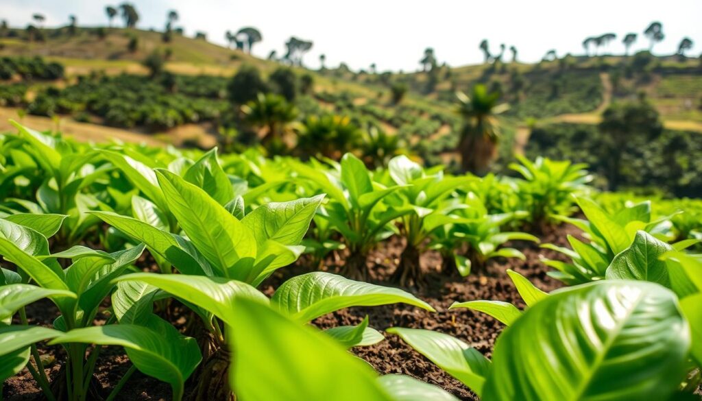 A lush, verdant field of vibrant green black ginger plants, their broad leaves swaying gently in the warm breeze. In the foreground, a close-up view showcases the plant's distinctive rhizome, its deep brown skin glistening with morning dew. The middle ground features several carefully cultivated black ginger plants, their roots anchored in rich, organic soil. In the background, a rolling hillside dotted with scattered trees provides a natural, sustainable backdrop. The scene is illuminated by soft, diffused natural lighting, creating a serene and tranquil atmosphere that emphasizes the harmony between the black ginger and its environment. A lush, verdant field of vibrant green black ginger plants
