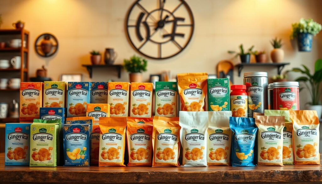 A neatly arranged display of various commercial ginger tea brands, showcased against a warm, rustic backdrop. The foreground features an assortment of colorful tea boxes, pouches, and canisters, each with distinct packaging designs and labels that highlight the ginger flavor profile. In the middle ground, a wooden table or shelving unit provides a natural, grounded setting, complemented by the soft, diffused lighting from above. The background hints at a cozy, inviting cafe or tea shop atmosphere, with subtle elements like vintage-inspired wall decor or potted plants to create a welcoming ambiance. The overall composition exudes a sense of quality, authenticity, and the soothing, comforting essence of ginger tea. Various commercial ginger tea brands