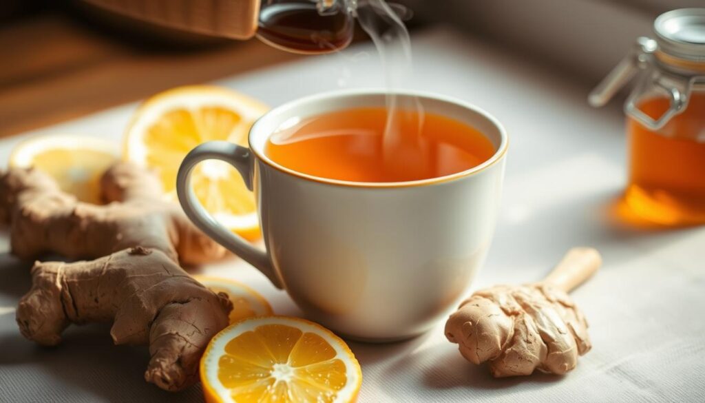 A serene scene of a steaming cup of ginger tea, surrounded by fresh ginger root, lemon slices, and honey. The lighting is warm and natural, casting a cozy glow over the arrangement. The focus is on the cup, showcasing the rich amber hue of the tea, while the supporting ingredients suggest the health benefits of this soothing beverage. The background is blurred, creating a sense of tranquility and highlighting the key elements. A close-up, slightly angled perspective emphasizes the inviting aroma and the natural goodness of the ingredients. A steaming cup of ginger tea, surrounded by fresh ginger root, lemon slices, and honey