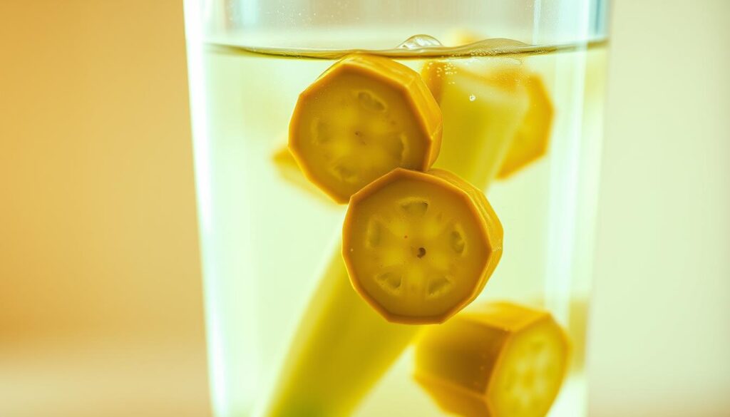 A vibrant, close-up photograph of a transparent glass of freshly squeezed okra water, with a few slices of okra floating gracefully within. The liquid has a pale green hue, reflecting the natural color of the vegetable. The image is illuminated by warm, soft lighting, highlighting the delicate texture and translucency of the okra slices. The background is blurred, creating a serene and calming atmosphere, allowing the glass of okra water to be the central focus. The overall composition emphasizes the refreshing and hydrating qualities of this healthy beverage, inviting the viewer to explore the benefits of incorporating okra water into their daily routine. A vibrant, close-up photograph of a transparent glass of freshly squeezed okra water, with a few slices of okra floating gracefully within