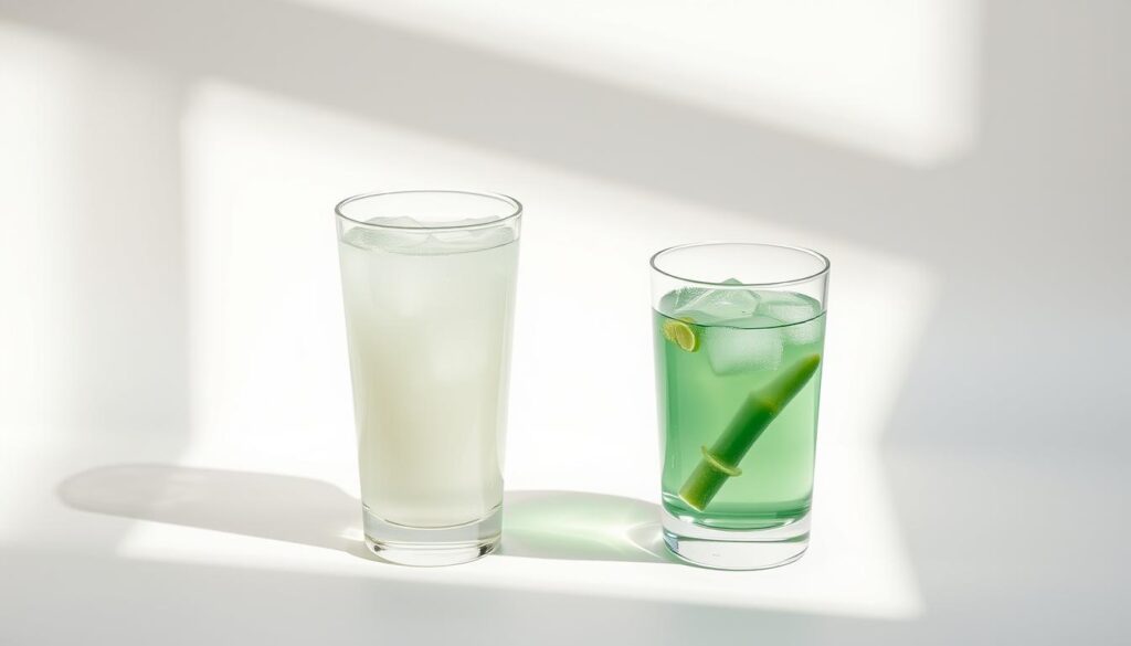 A vibrant still life showcasing the contrast between two clear liquids: opulent coconut water and the translucent, verdant hue of okra water. The beverages are presented on a minimalist white background, casting soft shadows that accentuate their distinct visual qualities. The coconut water is captured in a sleek glass tumbler, its smooth surface reflecting the surrounding light. The okra water, in a similar vessel, appears almost ethereal, its verdant tone and subtle viscosity evoking its natural origins. The composition is balanced, with the two drinks positioned in a harmonious arrangement, inviting the viewer to visually compare and appreciate their unique properties. Warm, natural lighting highlights the intrinsic beauty of these hydration options, creating an atmospheric, almost meditative scene. A vibrant still life showcasing the contrast between two clear liquids: opulent coconut water and the translucent, verdant hue of okra water