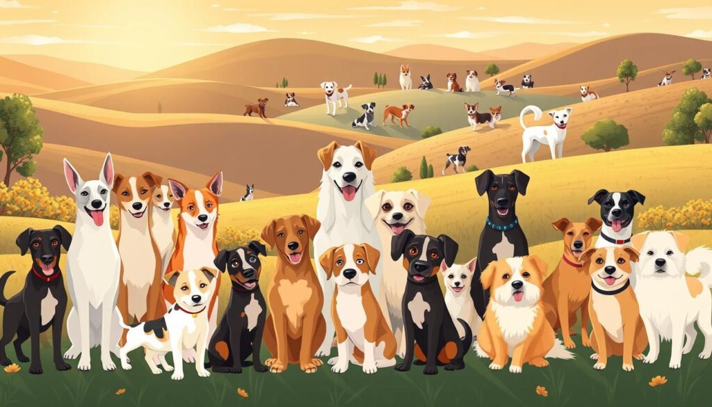 A whimsical, vibrant illustration showcasing a diverse array of unique dog breeds set against a warm, inviting background. In the foreground, a pack of playful pups in a variety of quirky shapes, sizes, and colors - from the tall, lanky Saluki to the stocky, sturdy Pembroke Welsh Corgi. In the middle ground, a cluster of more rare and distinctive breeds like the fluffy Poodle, the regal Afghan Hound, and the diminutive Pomeranian. In the background, a softly-lit, pastoral scene with rolling hills, lush greenery, and a bright, golden-hour sky that infuses the entire composition with an aura of warmth and wonder. The overall mood is one of joyful celebration of the incredible diversity within the world of dogs. A whimsical, vibrant illustration showcasing a diverse array of unique dog breeds set against a warm, inviting background. In the foreground, a pack of playful pups in a variety of quirky shapes, sizes, and colors - from the tall, lanky Saluki to the stocky, sturdy Pembroke Welsh Corgi. In the middle ground, a cluster of more rare and distinctive breeds like the fluffy Poodle, the regal Afghan Hound, and the diminutive Pomeranian. In the background, a softly-lit, pastoral scene with rolling hills, lush greenery, and a bright, golden-hour sky that infuses the entire composition with an aura of warmth and wonder. The overall mood is one of joyful celebration of the incredible diversity within the world of dogs.