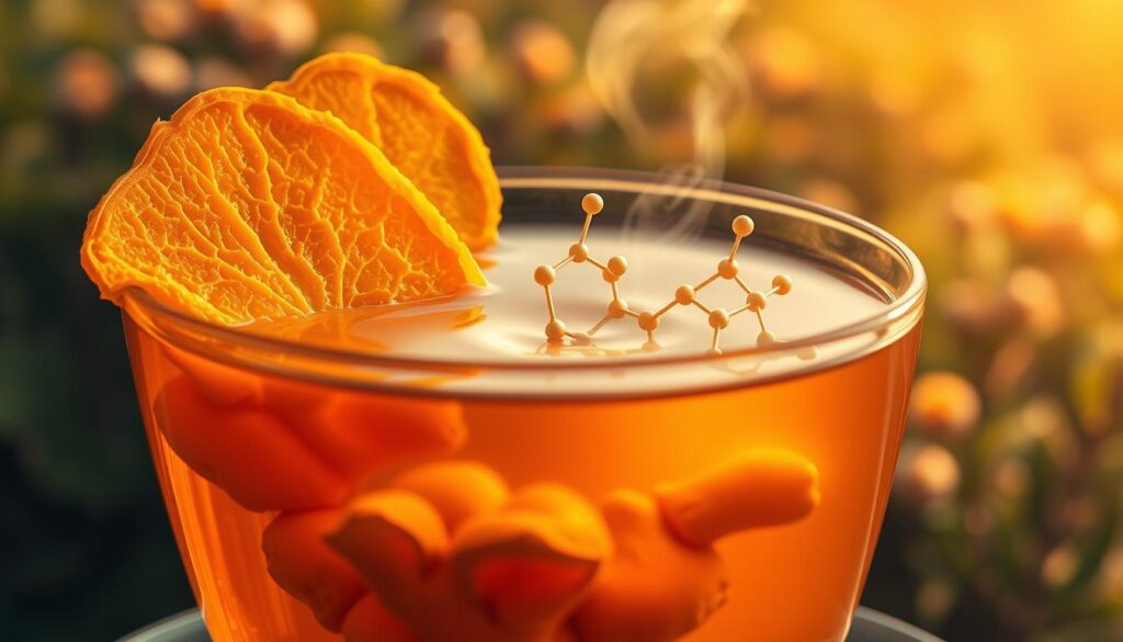 An intricately detailed cross-section of a steaming cup of ginger tea, bathed in warm, golden light and showcasing the active compounds within. In the foreground, vibrant orange ginger root slices float atop the translucent amber liquid, their intricate vein-like structures and textured surfaces rendered with photographic realism. The middle ground reveals the molecular structure of key bioactive ingredients like gingerol and shogaol, their complex geometries suspended in the tea. The background subtly hints at the natural environment, with a soft, blurred landscape of lush ginger plants providing a naturalistic context. Captured with a shallow depth of field and a lens that emphasizes the scientific and botanical aspects of the scene, this image aims to illuminate the captivating inner workings of a humble, yet remarkably potent, herbal infusion. A steaming cup of ginger tea