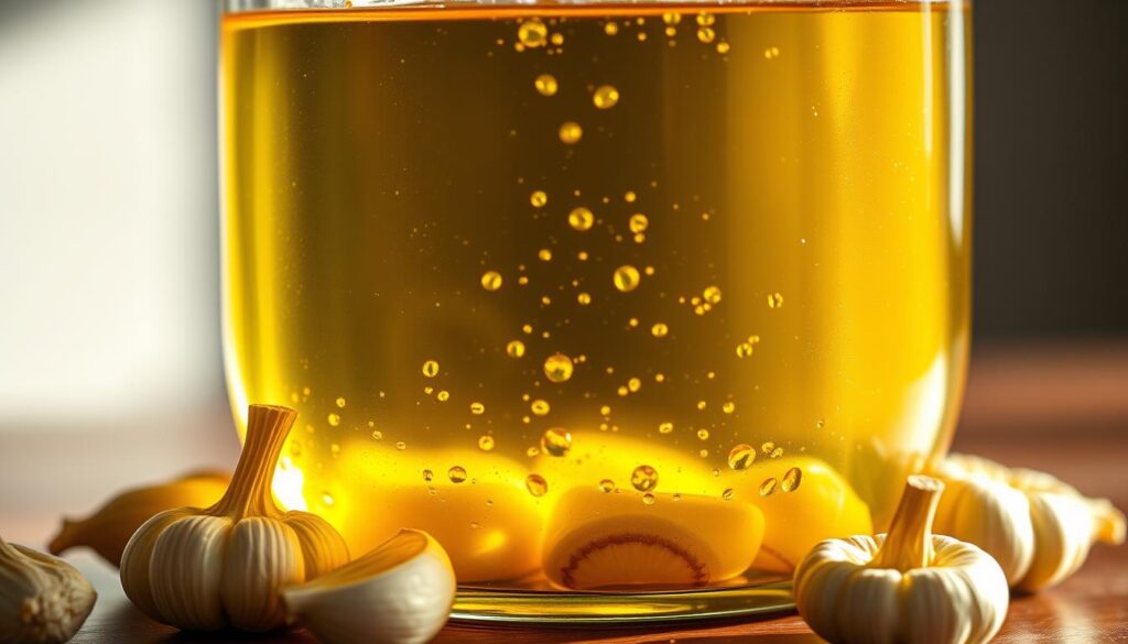 Garlic oil separation: a glass jar filled with vibrant golden liquid, glistening with tiny oil droplets suspended in the clear elixir. Crisp, fragrant garlic cloves nestled at the bottom, casting faint shadows. Soft, warm lighting illuminates the scene, casting a cozy, inviting atmosphere. The jar's surface reflects the surrounding environment, creating a sense of depth and dimension. The overall mood is one of culinary exploration and the joy of homemade ingredients. A high-resolution, photorealistic image captured with a sharp macro lens. Garlic oil separation: a glass jar filled with vibrant golden liquid, glistening with tiny oil droplets suspended in the clear elixir