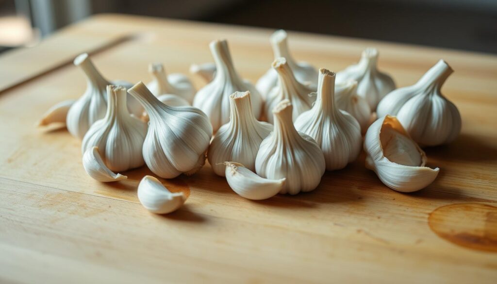 Several fresh garlic cloves on a wooden cutting board, illuminated by soft, natural light from the side. The cloves are arranged in a slightly irregular pattern, showcasing their varying sizes and shapes. The surface of the board has a warm, weathered look, adding to the rustic, homemade feel. The overall mood is one of simplicity, highlighting the humble ingredients needed to create the delicious garlic oil. Several fresh garlic cloves on a wooden cutting board