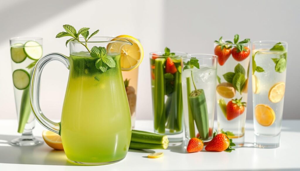 Vibrant array of fresh okra water beverages, elegantly presented on a minimalist white tabletop. In the foreground, a clear glass pitcher filled with translucent green okra water, garnished with a sprig of mint and a slice of lemon. Surrounding the pitcher, an assortment of tall glasses, each containing a unique okra water recipe - one infused with cucumber and lime, another with ginger and honey, and a third with strawberry and basil. Soft, natural lighting casts a warm glow, highlighting the delicate colors and textures of the ingredients. The overall composition exudes a sense of refreshing, healthful hydration, inviting the viewer to explore the versatility of okra water. Vibrant array of fresh okra water beverages, elegantly presented on a minimalist white tabletop
