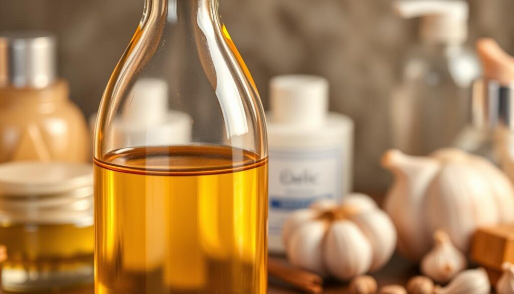 a close-up shot of a glass bottle filled with golden-colored garlic-infused oil, the liquid glistening and reflecting the soft, warm lighting of the scene. The bottle is set against a backdrop of soft, blurred beauty products such as jars, tubes, and bottles, suggesting the use of garlic oil in beauty treatments. The overall mood is serene, luxurious, and inviting, highlighting the versatility and benefits of garlic oil in skincare and cosmetic applications. A close-up shot of a glass bottle filled with golden-colored garlic-infused oil, the liquid glistening and reflecting the soft, warm lighting of the scene