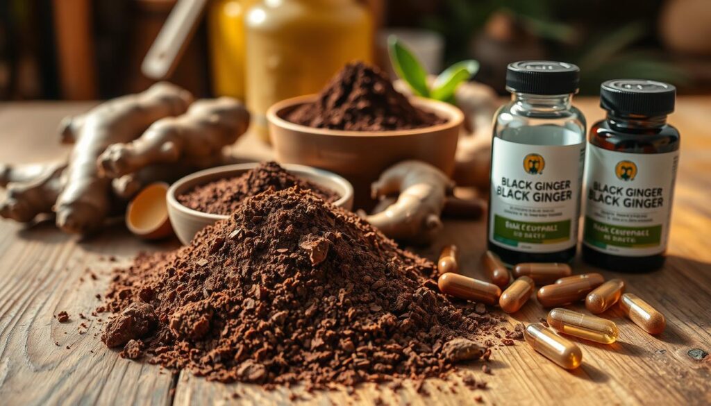 black ginger root, powder, extract, and capsule supplements arranged on a wooden table in warm, natural lighting; close-up shot with shallow depth of field to highlight the distinct dark reddish-brown color and intricate texture of the ginger products; minimal background clutter to emphasize the products; overall earthy, rustic, and herbal atmosphere to convey the natural, medicinal properties of black ginger black ginger root, powder, extract, and capsule supplements