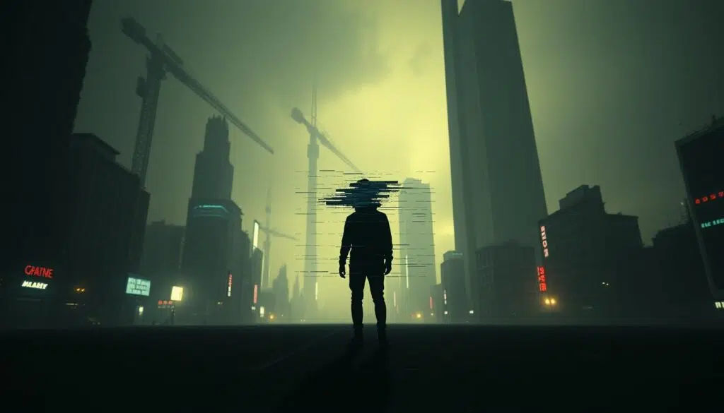 A lone figure stands in the center of a bleak, dystopian cityscape, their face obscured by digital glitches and corruption. Flickering neon lights cast an eerie glow, while towering monolithic structures loom in the background, casting long, ominous shadows. The atmosphere is one of isolation and persecution, as the figure appears to be trapped, surrounded by a cacophony of digital noise and static. The lighting is harsh, creating deep, contrasting shadows that emphasize the subject's sense of vulnerability and unease. The scene is captured through a wide-angle lens, conveying a sense of overwhelming oppression and the individual's insignificance in the face of an unyielding technological landscape. A lone figure stands in the center of a bleak, dystopian cityscape, their face obscured by digital glitches and corruption. Flickering neon lights cast an eerie glow, while towering monolithic structures loom in the background, casting long, ominous shadows. The atmosphere is one of isolation and persecution, as the figure appears to be trapped, surrounded by a cacophony of digital noise and static. The lighting is harsh, creating deep, contrasting shadows that emphasize the subject's sense of vulnerability and unease. The scene is captured through a wide-angle lens, conveying a sense of overwhelming oppression and the individual's insignificance in the face of an unyielding technological landscape.