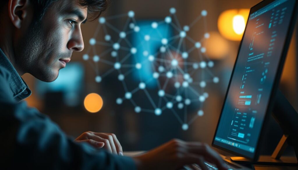 A pensive individual gazing intently at a digital screen, with a thoughtful expression as they carefully analyze a web of interconnected data visualizations. The scene is bathed in a soft, warm glow of ambient lighting, creating a contemplative atmosphere. The foreground features the person's hands resting lightly on the keyboard, while the middle ground showcases a complex array of lines, nodes, and curves representing the connections being explored. The background subtly blurs out, allowing the focus to remain on the central act of confirming relationships and patterns. The overall composition conveys a sense of deep concentration and the discovery of meaningful insights. A pensive individual gazing intently at a digital screen, with a thoughtful expression as they carefully analyze a web of interconnected data visualizations. The scene is bathed in a soft, warm glow of ambient lighting, creating a contemplative atmosphere. The foreground features the person's hands resting lightly on the keyboard, while the middle ground showcases a complex array of lines, nodes, and curves representing the connections being explored. The background subtly blurs out, allowing the focus to remain on the central act of confirming relationships and patterns. The overall composition conveys a sense of deep concentration and the discovery of meaningful insights.