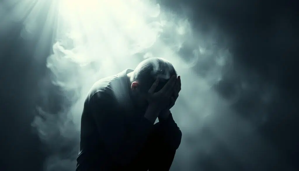 A person hunched over, face buried in their hands, surrounded by a swirling, dreamlike haze. Rays of anguished light cut through the mist, casting a somber, introspective atmosphere. The figure's posture conveys deep emotional turmoil, with subtle hints of trembling and anguish. The background is a muted, monochromatic palette, emphasizing the intensity of the subject's inner turmoil. The lighting is soft, almost ethereal, creating a sense of isolation and vulnerability. The composition is centered on the subject, drawing the viewer's gaze inward, to the heart of the psychological distress. A person hunched over, face buried in their hands, surrounded by a swirling, dreamlike haze. Rays of anguished light cut through the mist, casting a somber, introspective atmosphere. The figure's posture conveys deep emotional turmoil, with subtle hints of trembling and anguish. The background is a muted, monochromatic palette, emphasizing the intensity of the subject's inner turmoil. The lighting is soft, almost ethereal, creating a sense of isolation and vulnerability. The composition is centered on the subject, drawing the viewer's gaze inward, to the heart of the psychological distress.