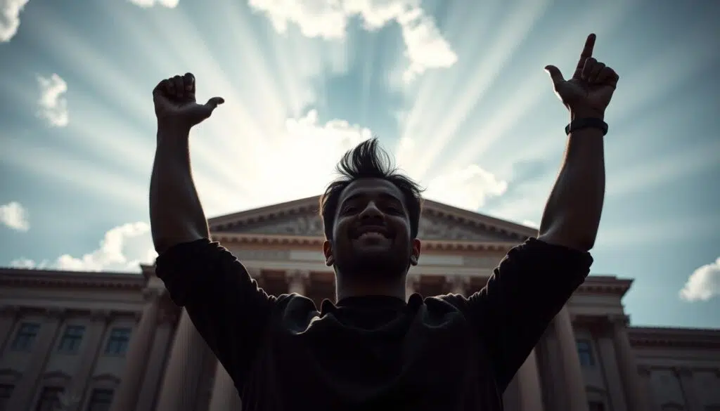 A person standing triumphantly, arms raised, silhouetted against a backdrop of a grand courthouse. The foreground captures the individual's sense of relief and vindication, their expression radiating a mix of resolve and elation. The middle ground depicts the imposing architecture of the courthouse, its columns and pediments symbolizing the weight and majesty of the legal system. In the background, a sky filled with rays of light, conveying a sense of hope and justice prevailing. The lighting is dramatic, casting long shadows and highlighting the figure's victorious pose. The lens is wide-angled, capturing the scale and grandeur of the scene, while the overall mood is one of profound, hard-won triumph. A person standing triumphantly, arms raised, silhouetted against a backdrop of a grand courthouse. The foreground captures the individual's sense of relief and vindication, their expression radiating a mix of resolve and elation. The middle ground depicts the imposing architecture of the courthouse, its columns and pediments symbolizing the weight and majesty of the legal system. In the background, a sky filled with rays of light, conveying a sense of hope and justice prevailing. The lighting is dramatic, casting long shadows and highlighting the figure's victorious pose. The lens is wide-angled, capturing the scale and grandeur of the scene, while the overall mood is one of profound, hard-won triumph.