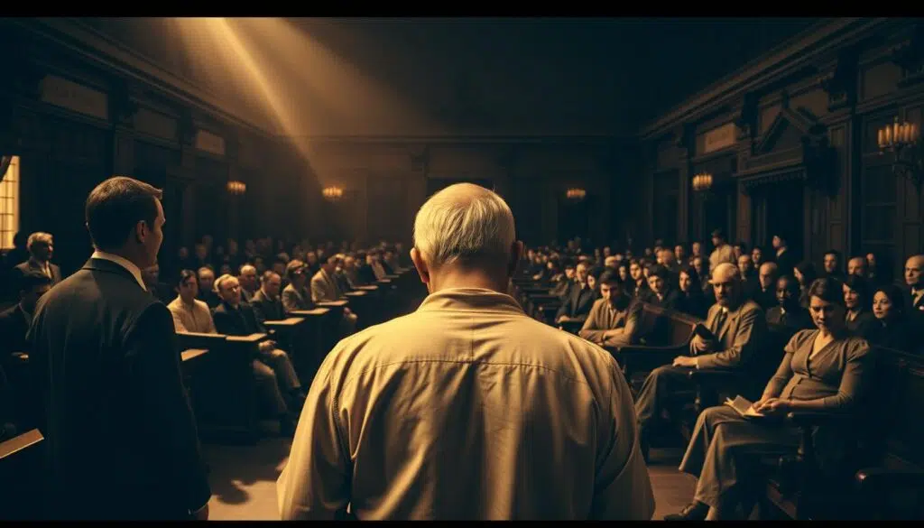 A sepia-toned panorama of a dimly lit courtroom from the 19th century. In the foreground, a figure stands accused, their face etched with anguish as they face a stern-looking judge and jury. The middle ground is filled with the spectators, their expressions ranging from curiosity to judgment. In the background, the heavy wooden benches and ornate architectural details suggest the weight of tradition and the gravity of the proceedings. The lighting is dramatic, casting long shadows and highlighting the tense atmosphere. The overall scene conveys the historical context of false accusations, where the pursuit of justice was often clouded by bias, prejudice, and a lack of due process. A sepia-toned panorama of a dimly lit courtroom from the 19th century. In the foreground, a figure stands accused, their face etched with anguish as they face a stern-looking judge and jury. The middle ground is filled with the spectators, their expressions ranging from curiosity to judgment. In the background, the heavy wooden benches and ornate architectural details suggest the weight of tradition and the gravity of the proceedings. The lighting is dramatic, casting long shadows and highlighting the tense atmosphere. The overall scene conveys the historical context of false accusations, where the pursuit of justice was often clouded by bias, prejudice, and a lack of due process.