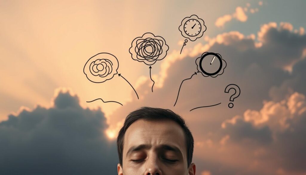 A serene, cloudy sky with rays of warm, golden sunlight breaking through, casting a soft, hazy glow. In the foreground, a person's head is surrounded by a swirl of thought bubbles, each containing abstract, symbolic representations of persistent thoughts - a maze, a tangled web, a clock face, a question mark. The person's expression is pensive, their eyes closed as they ponder the weight of their thoughts. The overall mood is one of contemplation, introspection, and the ever-present nature of the mind's inner workings. A serene, cloudy sky with rays of warm, golden sunlight breaking through, casting a soft, hazy glow. In the foreground, a person's head is surrounded by a swirl of thought bubbles, each containing abstract, symbolic representations of persistent thoughts - a maze, a tangled web, a clock face, a question mark. The person's expression is pensive, their eyes closed as they ponder the weight of their thoughts. The overall mood is one of contemplation, introspection, and the ever-present nature of the mind's inner workings.