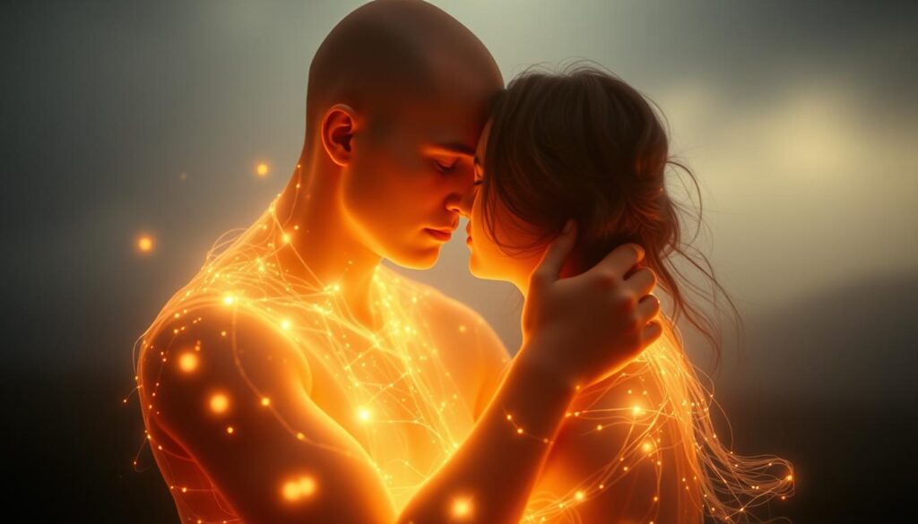 A softly glowing ethereal connection, a pulsing energetic bond between two figures, their auras intertwined in a warm embrace. Delicate wisps of light dance around them, creating an atmosphere of deep empathy and understanding. The figures' faces are obscured, emphasizing the intangible, emotional nature of their link. Muted colors and a hazy, dreamy lighting suggest a sense of vulnerability and introspection. The background fades into an abstracted, dreamlike landscape, focusing the viewer's attention on the intimate, mystical interplay between the two entities. A softly glowing ethereal connection, a pulsing energetic bond between two figures, their auras intertwined in a warm embrace. Delicate wisps of light dance around them, creating an atmosphere of deep empathy and understanding. The figures' faces are obscured, emphasizing the intangible, emotional nature of their link. Muted colors and a hazy, dreamy lighting suggest a sense of vulnerability and introspection. The background fades into an abstracted, dreamlike landscape, focusing the viewer's attention on the intimate, mystical interplay between the two entities.