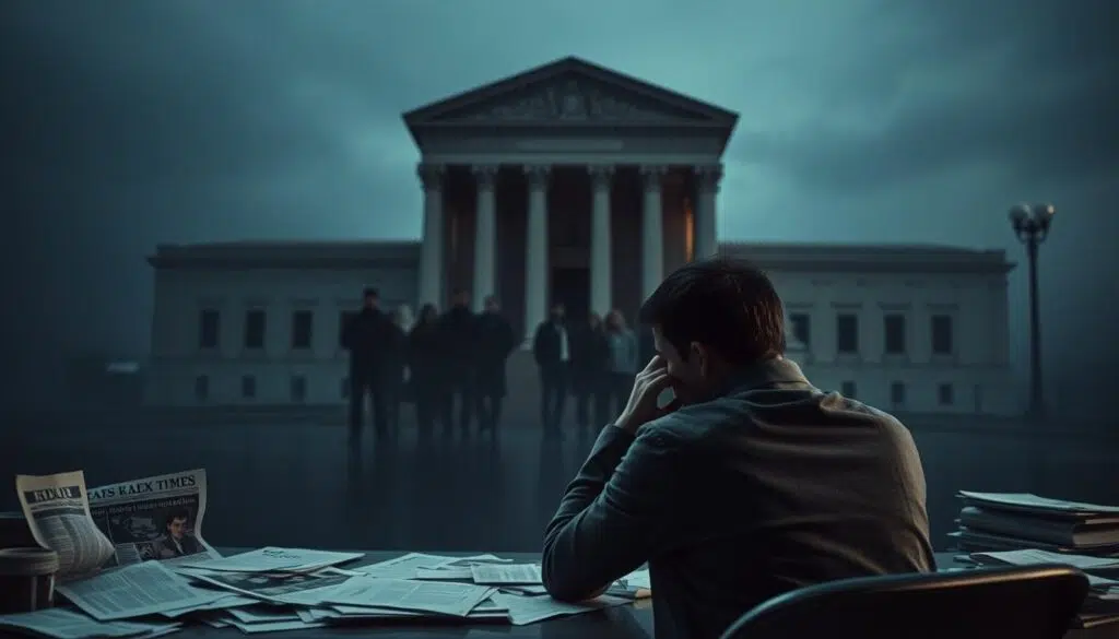 A thought-provoking scene of media ethics in false accusations, captured through a cinematic lens. In the foreground, a lone journalist sits at a desk, deep in contemplation, surrounded by an array of news clippings and documents. The middle ground features a group of people, their faces obscured, symbolizing the societal responsibility to prevent the spread of false narratives. In the background, a towering edifice of justice looms, its grand facade casting a somber shadow over the scene, a reminder of the gravity of the issue. The lighting is muted, creating a sense of melancholy and introspection, inviting the viewer to reflect on the psychological impact of false accusations and the media's role in shaping public perception. A thought-provoking scene of media ethics in false accusations, captured through a cinematic lens. In the foreground, a lone journalist sits at a desk, deep in contemplation, surrounded by an array of news clippings and documents. The middle ground features a group of people, their faces obscured, symbolizing the societal responsibility to prevent the spread of false narratives. In the background, a towering edifice of justice looms, its grand facade casting a somber shadow over the scene, a reminder of the gravity of the issue. The lighting is muted, creating a sense of melancholy and introspection, inviting the viewer to reflect on the psychological impact of false accusations and the media's role in shaping public perception.