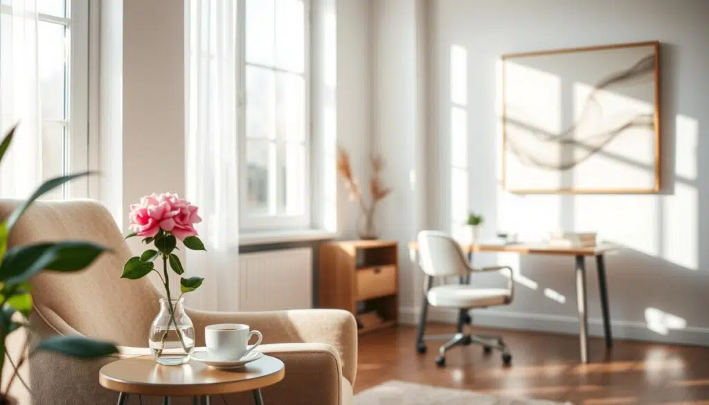 A tranquil, sunlit therapy room with soft, natural light filtering through large windows. In the foreground, a plush armchair and a small side table with a blooming plant and a cup of tea, creating a sense of comfort and relaxation. The middle ground features a therapist's desk, with books and a notebook, suggesting a space for deep exploration and healing. The background showcases serene, abstract wall art, conveying a sense of mindfulness and introspection. The overall atmosphere is one of warmth, support, and the gentle, nurturing process of recovery. A tranquil, sunlit therapy room with soft, natural light filtering through large windows. In the foreground, a plush armchair and a small side table with a blooming plant and a cup of tea, creating a sense of comfort and relaxation. The middle ground features a therapist's desk, with books and a notebook, suggesting a space for deep exploration and healing. The background showcases serene, abstract wall art, conveying a sense of mindfulness and introspection. The overall atmosphere is one of warmth, support, and the gentle, nurturing process of recovery.
