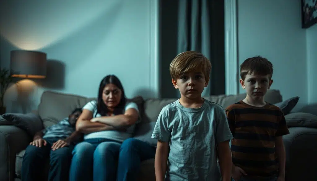 Family dynamics in turmoil after false accusations - a tense, unsettling scene. A living room in soft, muted lighting, with a mother and father sitting tensely on a couch, their expressions guarded and pained. The children, two young boys, stand uneasily nearby, faces etched with uncertainty and worry. The air is thick with an unspoken sense of betrayal and distrust, as if the warmth and security of this family has been shattered by the weight of unfounded allegations. Shadows creep in from the periphery, lending an ominous, claustrophobic atmosphere. The composition is tight and intimate, drawing the viewer into the charged emotional landscape of this once-close-knit household now fractured by the aftermath of false accusations. Family dynamics in turmoil after false accusations - a tense, unsettling scene. A living room in soft, muted lighting, with a mother and father sitting tensely on a couch, their expressions guarded and pained. The children, two young boys, stand uneasily nearby, faces etched with uncertainty and worry. The air is thick with an unspoken sense of betrayal and distrust, as if the warmth and security of this family has been shattered by the weight of unfounded allegations. Shadows creep in from the periphery, lending an ominous, claustrophobic atmosphere. The composition is tight and intimate, drawing the viewer into the charged emotional landscape of this once-close-knit household now fractured by the aftermath of false accusations.